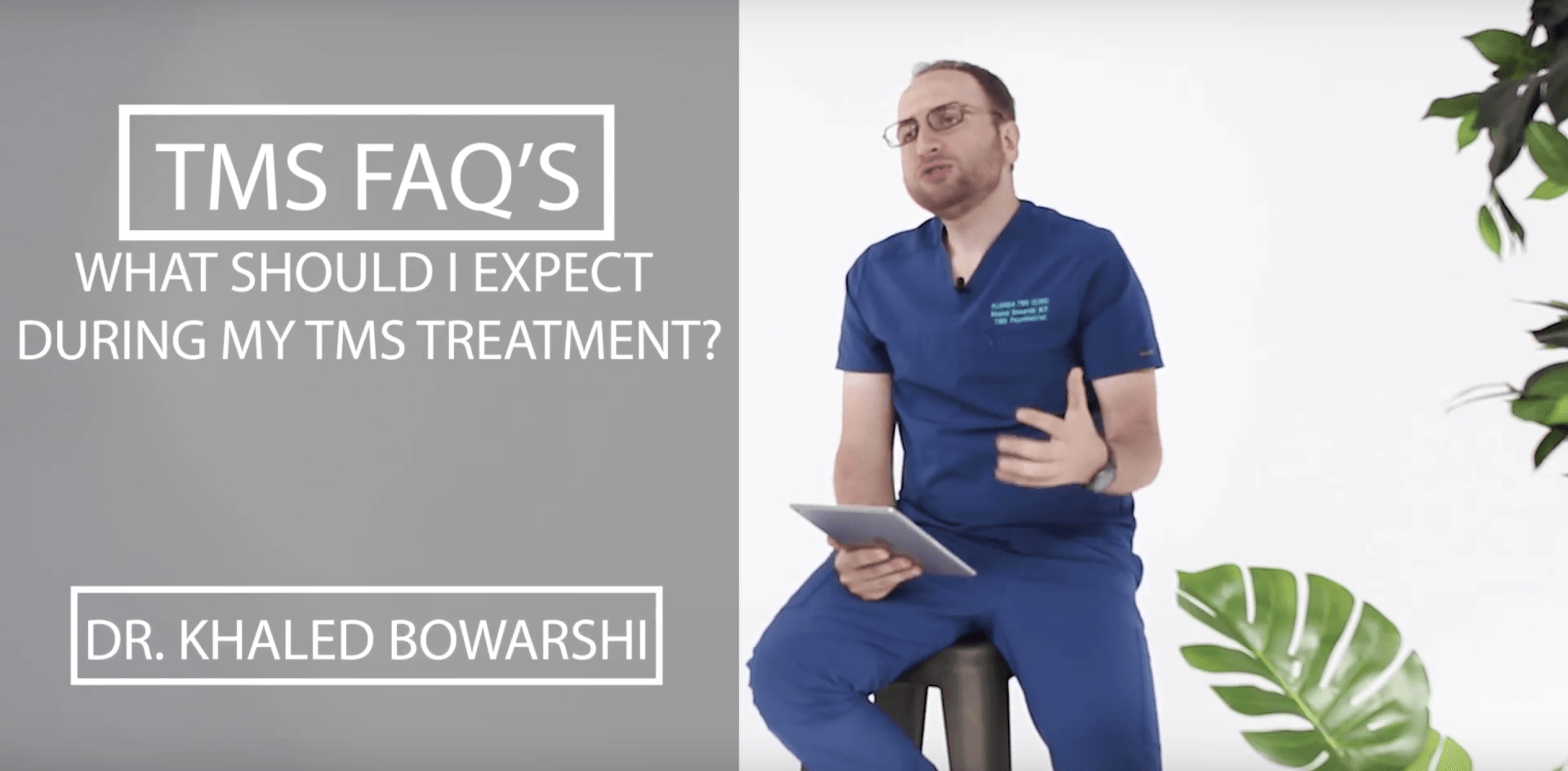 Man in blue scrubs discussing TMS treatment, holding tablet, with text: TMS FAQ’S.