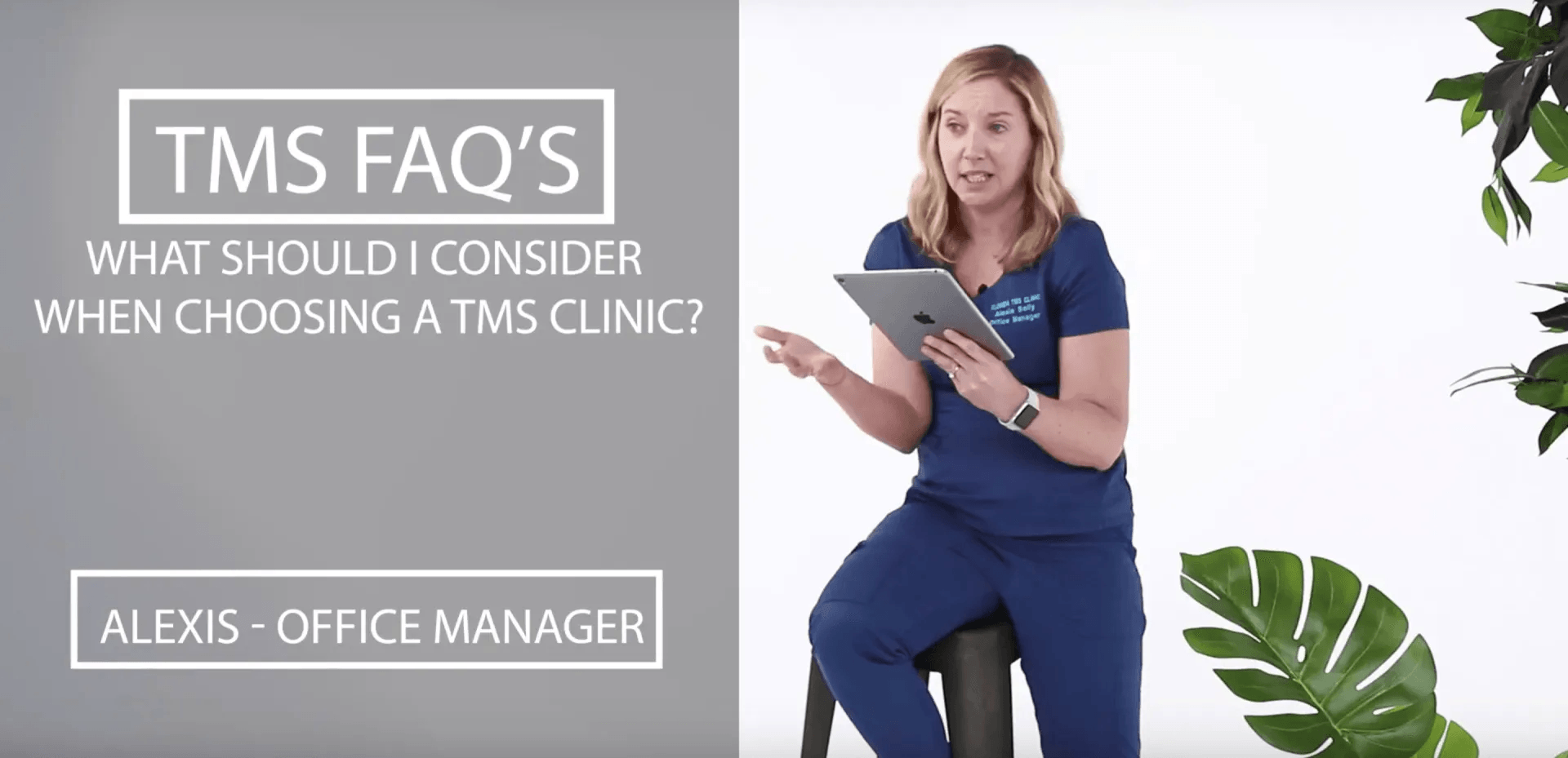 Woman holding a tablet, sitting and talking. Text: TMS FAQs. Alexis - Office Manager.