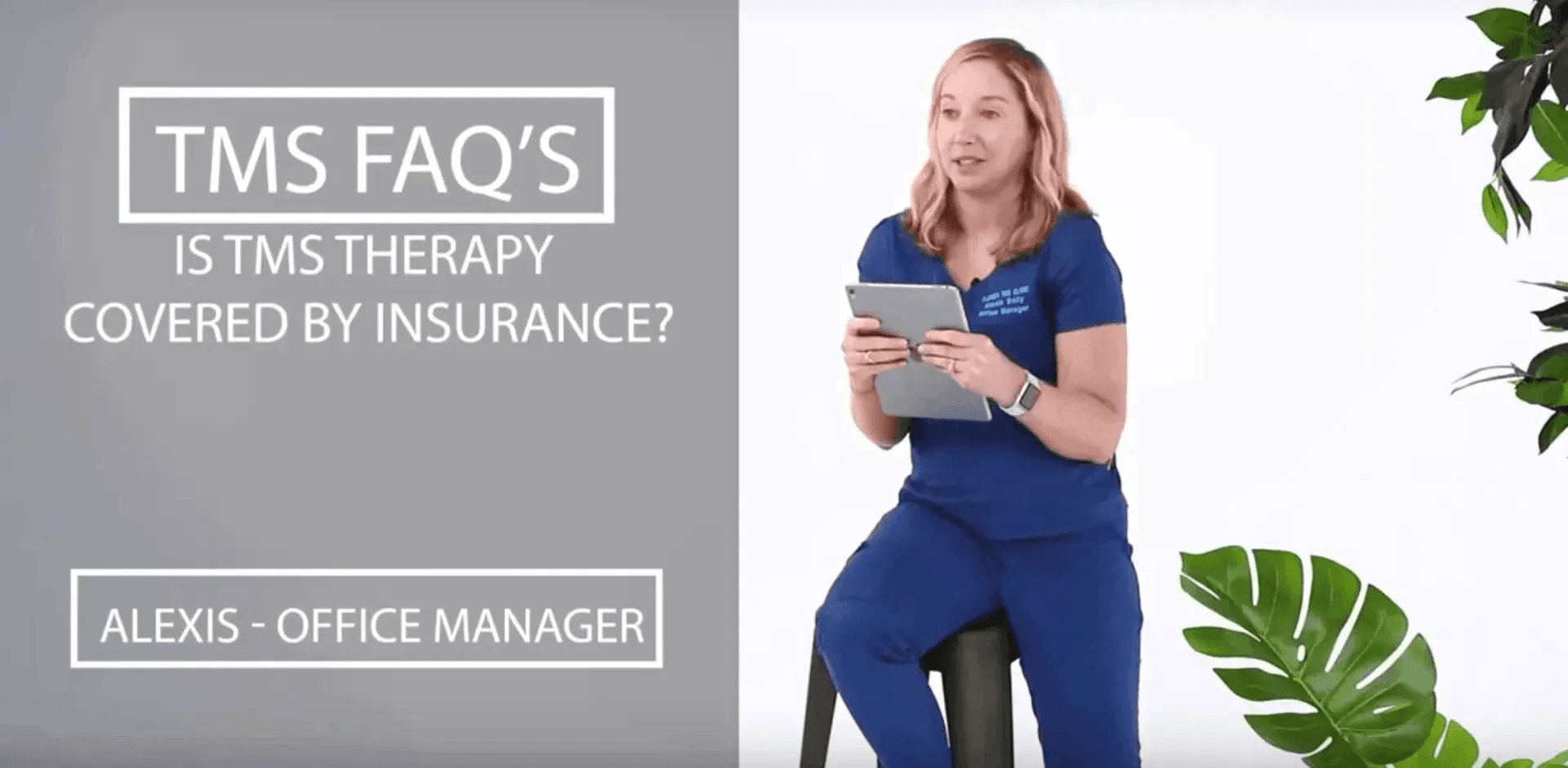 A woman in blue scrubs holds a tablet, answering if TMS therapy is covered by insurance.