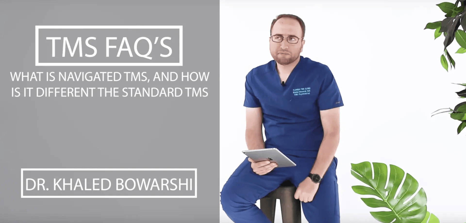 A man with glasses and scrubs sits, holding a tablet. Text: 
