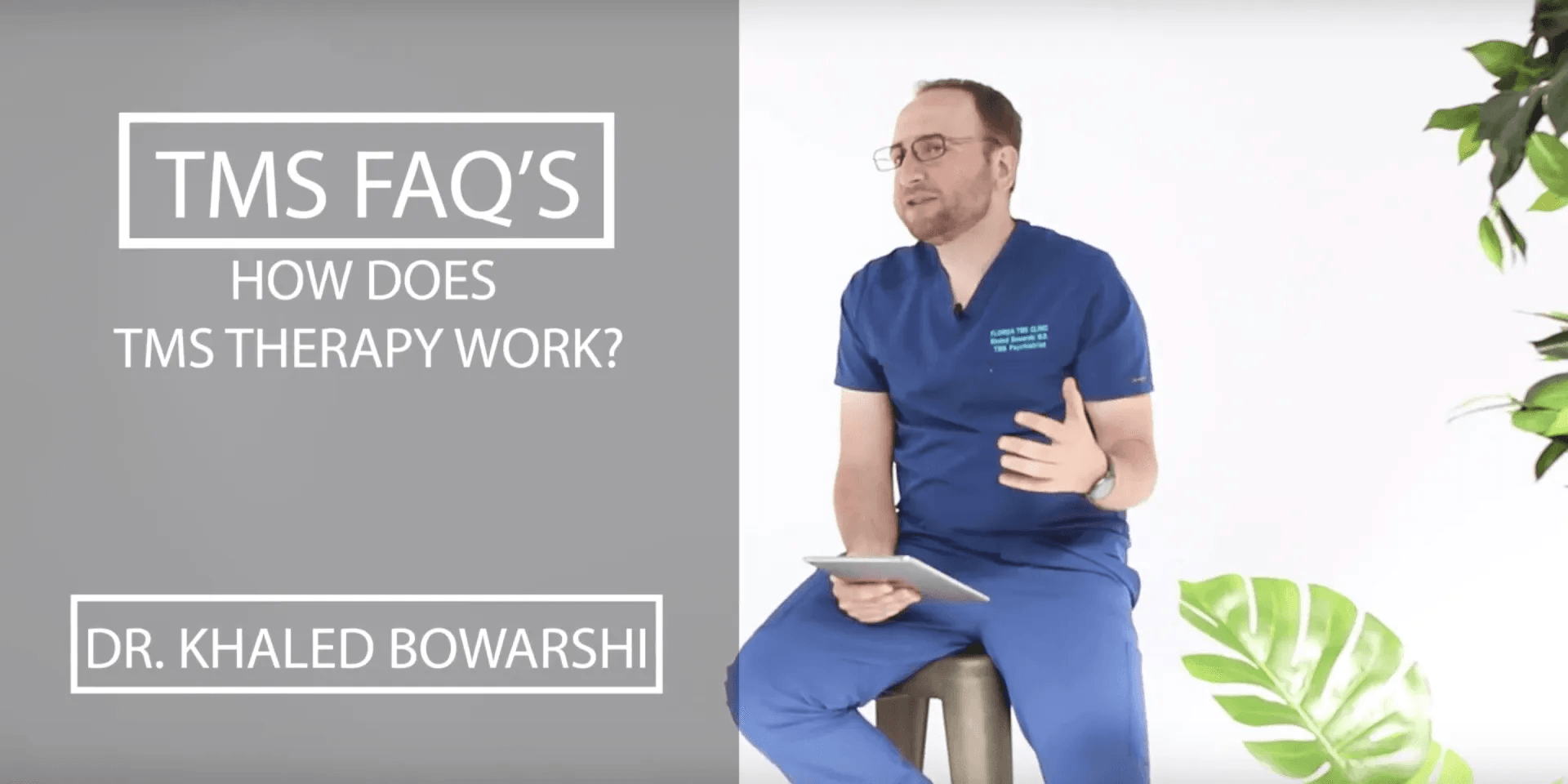 Man in blue scrubs discussing TMS therapy, holding a tablet. Text: 