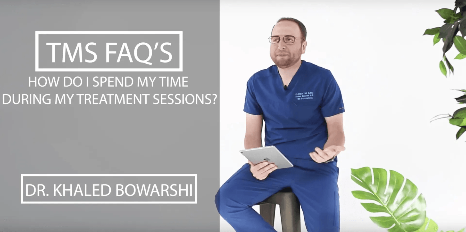 A man in blue scrubs holds a tablet, sitting next to a title card 