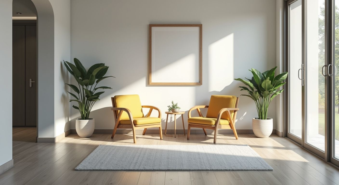 Small blue office with black desk, brown sofa, wall art, and a lit floor lamp