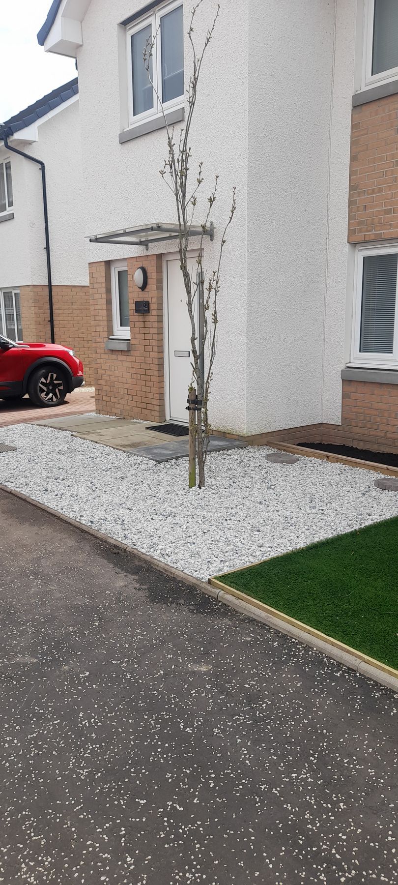 A newly planted young tree stands in a gravel front yard beside a white house and driveway.
