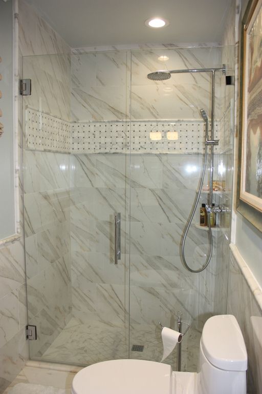 A bathroom with a toilet and a shower with a glass door.