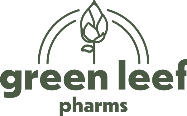 The logo for green leaf pharmas shows a plant with a leaf on it.