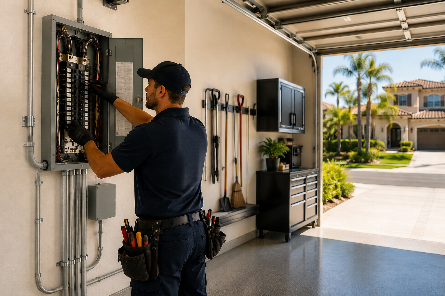 Electrician repairing residential electrical components in San Clemente CA