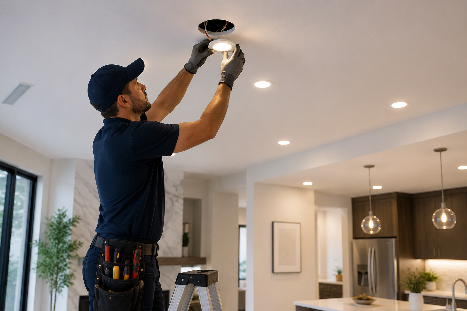 Electrician installing modern recessed lighting in a Monarch Beach CA living area
