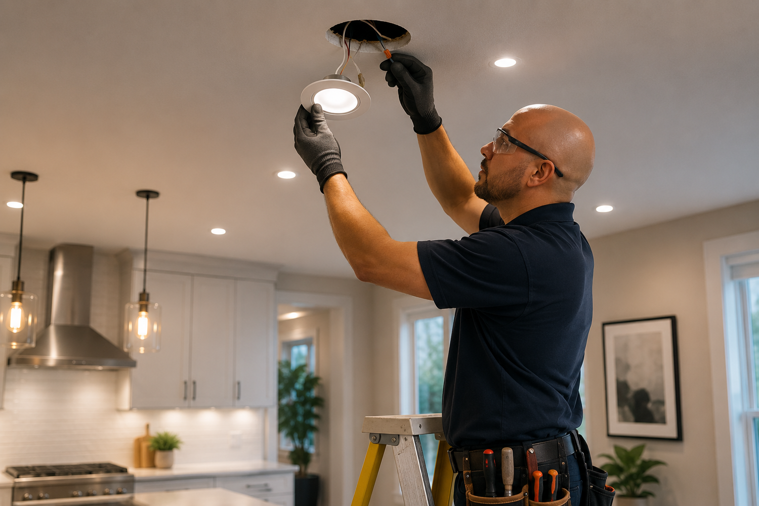 Electrician upgrading residential lighting during a home improvement project in San Clemente CA
