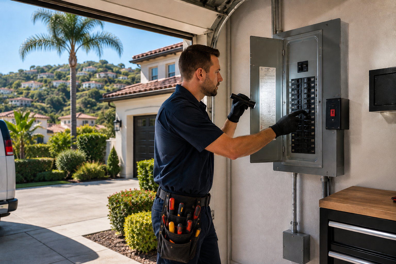Electrician troubleshooting an electrical panel in Laguna Beach CA residential garage
