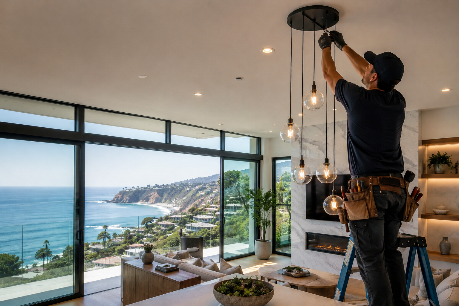 Electrician installing custom lighting in a Laguna Beach CA living area
