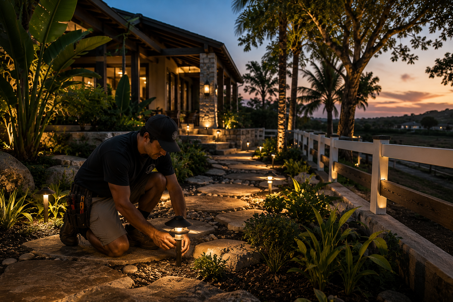 Professional electrician installing lighting at a Spanish-style home in San Juan Capistrano CA