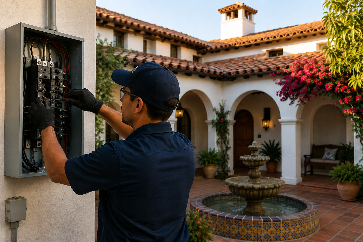 Electrician servicing an electrical panel at a Spanish-style home in San Juan Capistrano CA