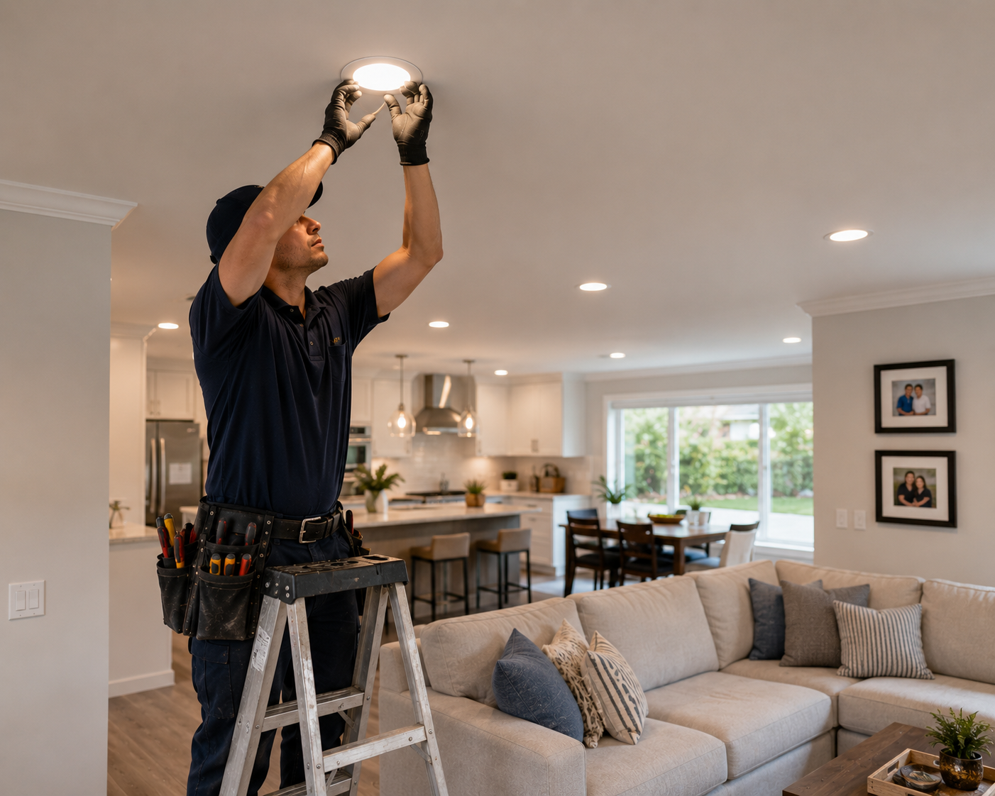 Electrician installing modern led recessed lighting in a Lake Forest CA living area
