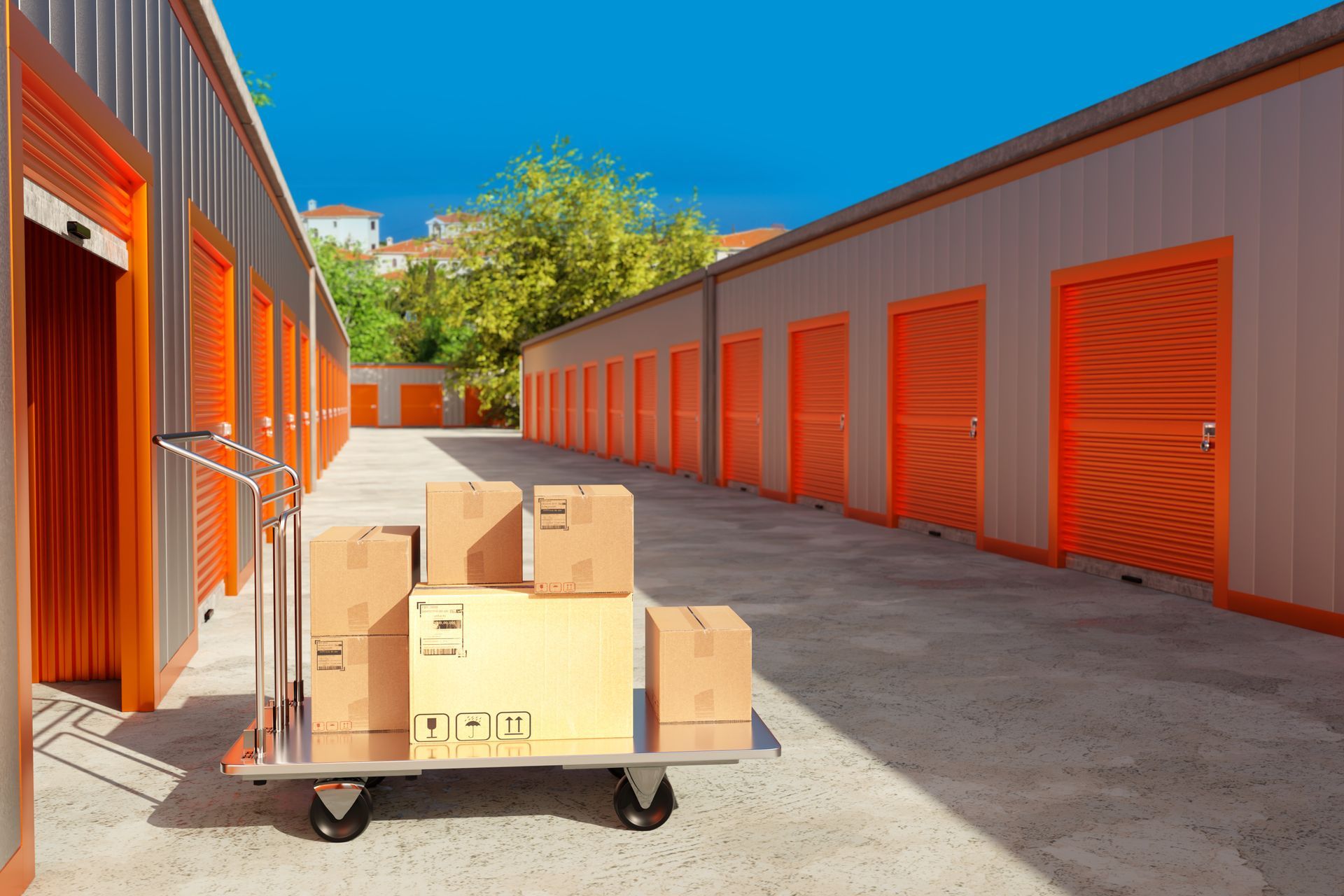 Secure self-storage facility with orange unit doors and moving boxes ready for storage. Secure self-storage facility with orange unit doors and moving boxes ready for storage.
