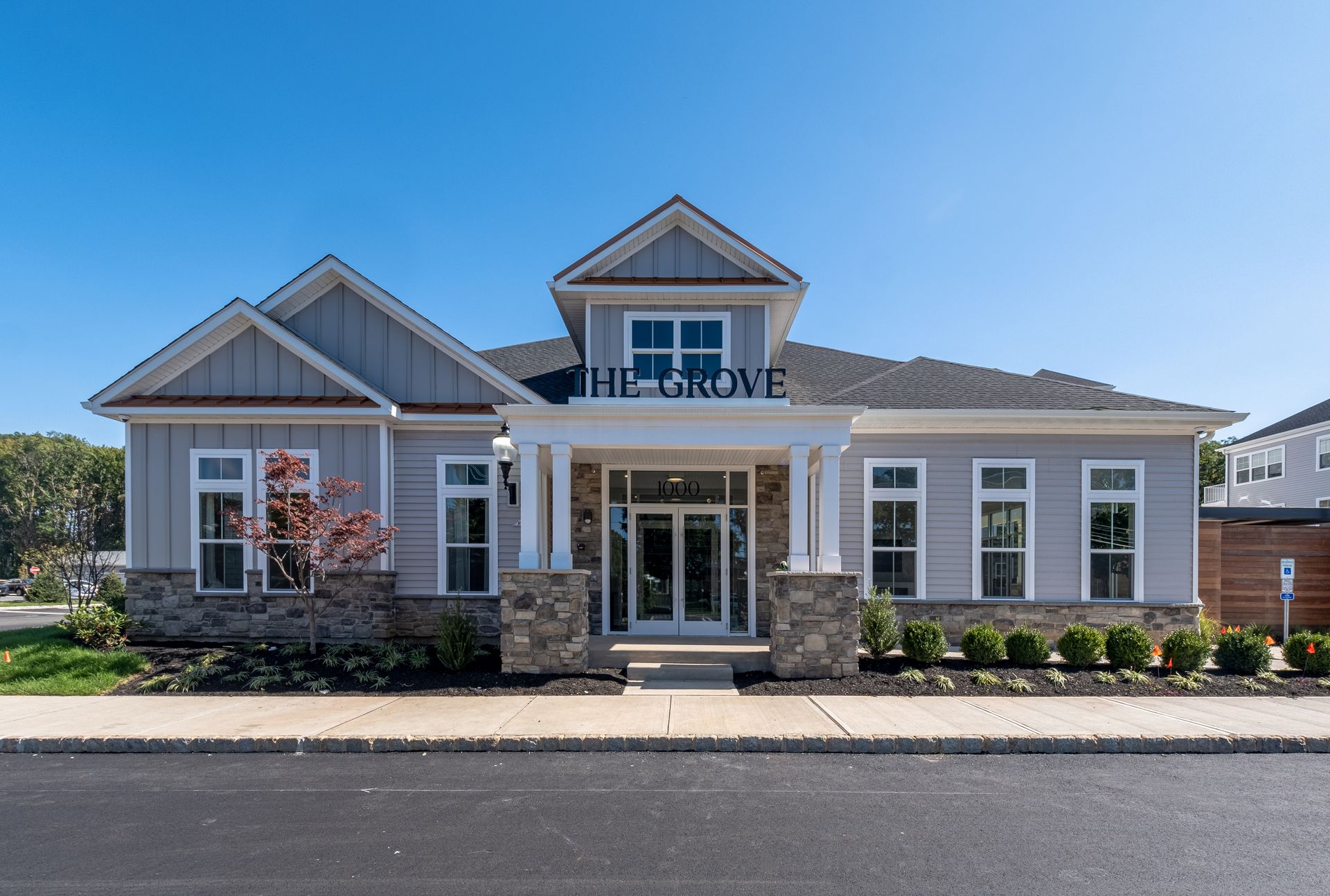 Gray building with stone accents, 