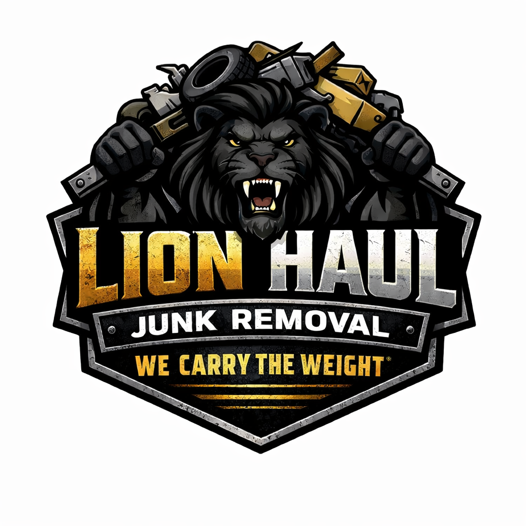 Lion head junk removal logo with gold and white text on black shield background