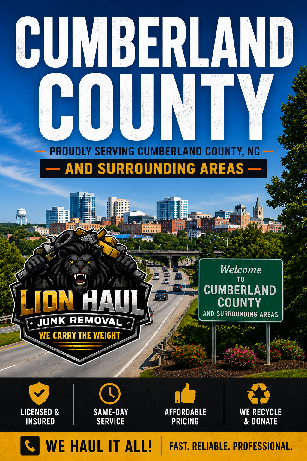 Cumberland County lawn care ad with mowing truck, skyline, and welcome sign on a blue sky background