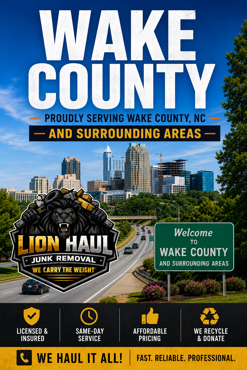 Wake County junk removal ad with skyline, truck, and
