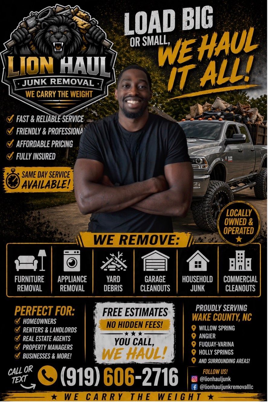 Promotional flyer for Lion Haul junk removal with smiling man, truck, services list, and phone number