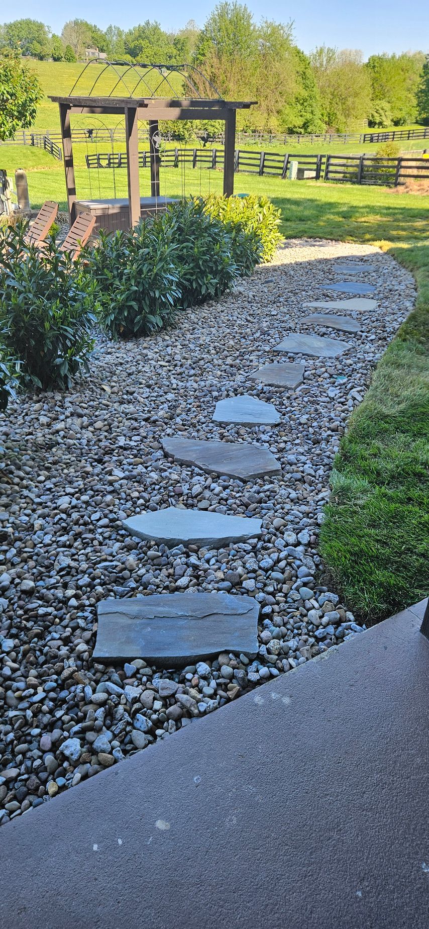Stepping-stone path through gravel beside a garden bed and pergola in a sunny backyard