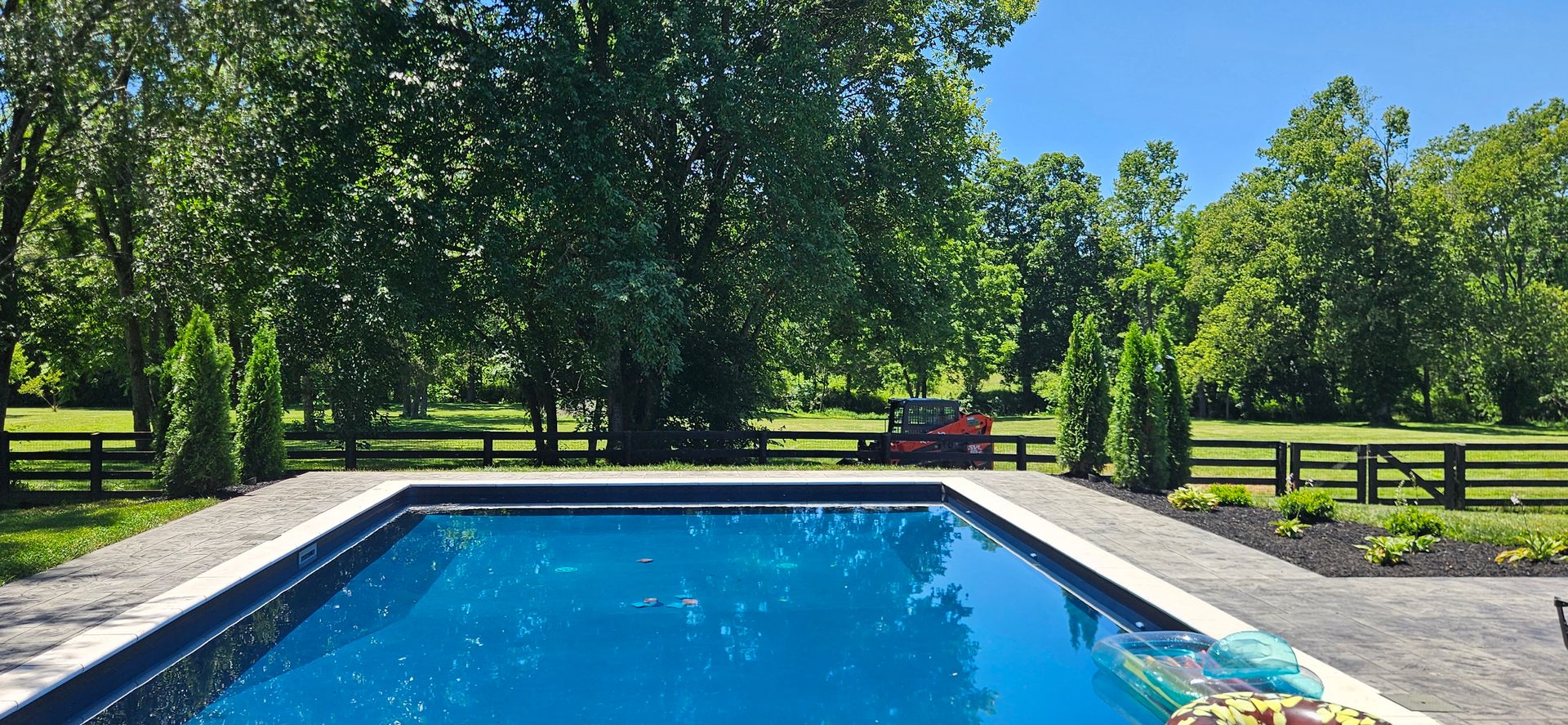 Blue swimming pool in a sunny backyard with green trees and picnic tables beyond the fence