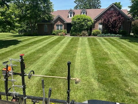 Backyard lawn with striped grass in front of a brick house and garden tools in the foreground