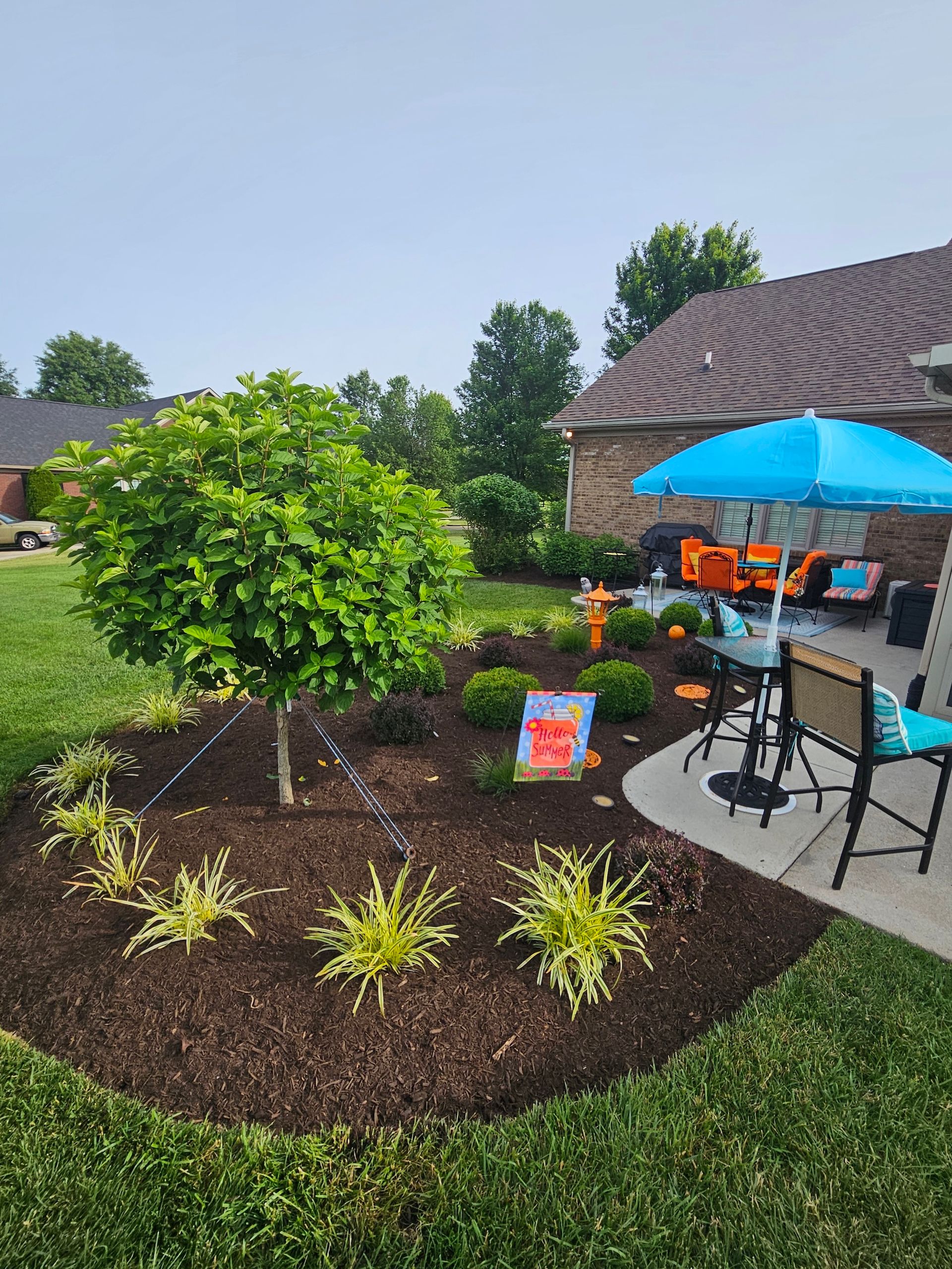 A backyard with a tree surrounded by mulch and plants, patio furniture, and a blue umbrella.