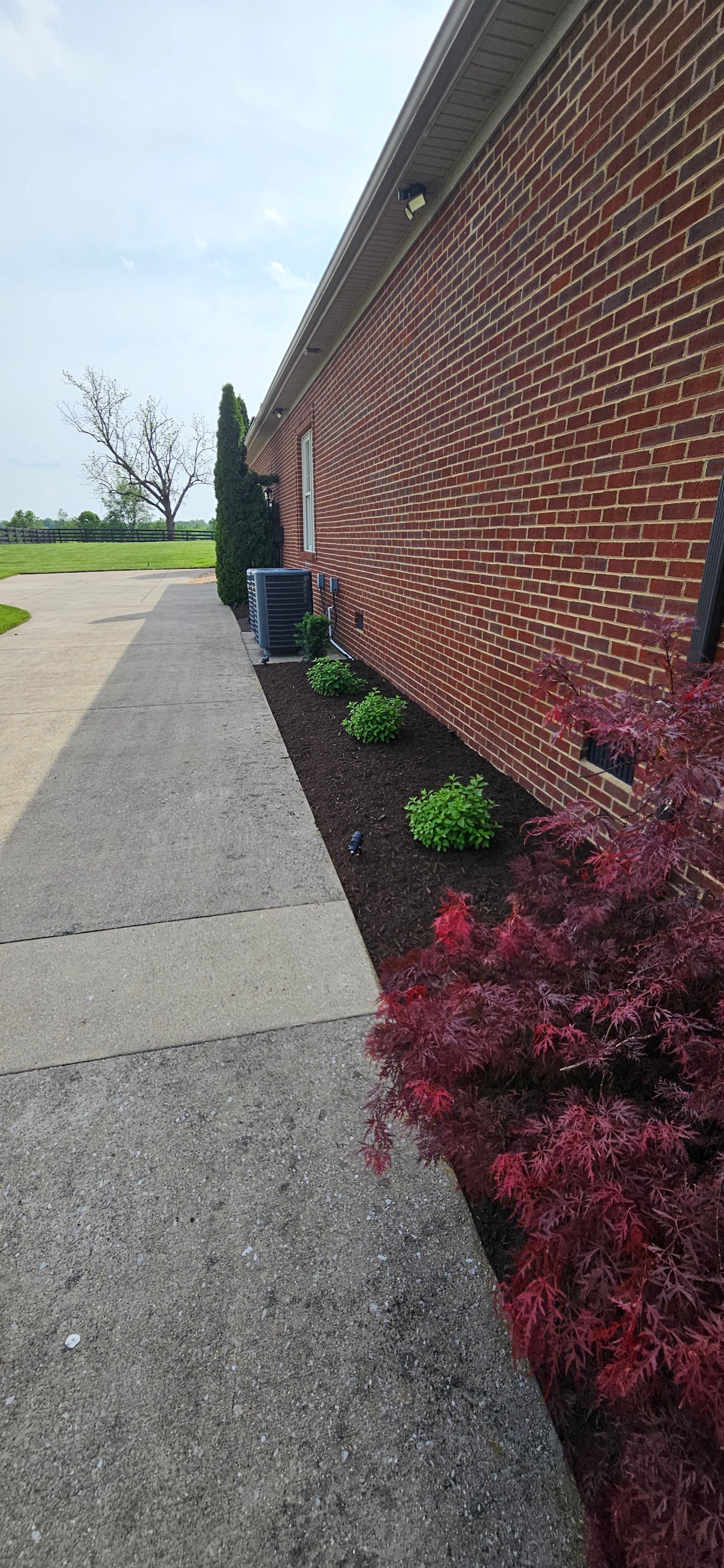 A brick building with a patterned wall, a paved walkway, and a landscaped bed with dark red foliage.
