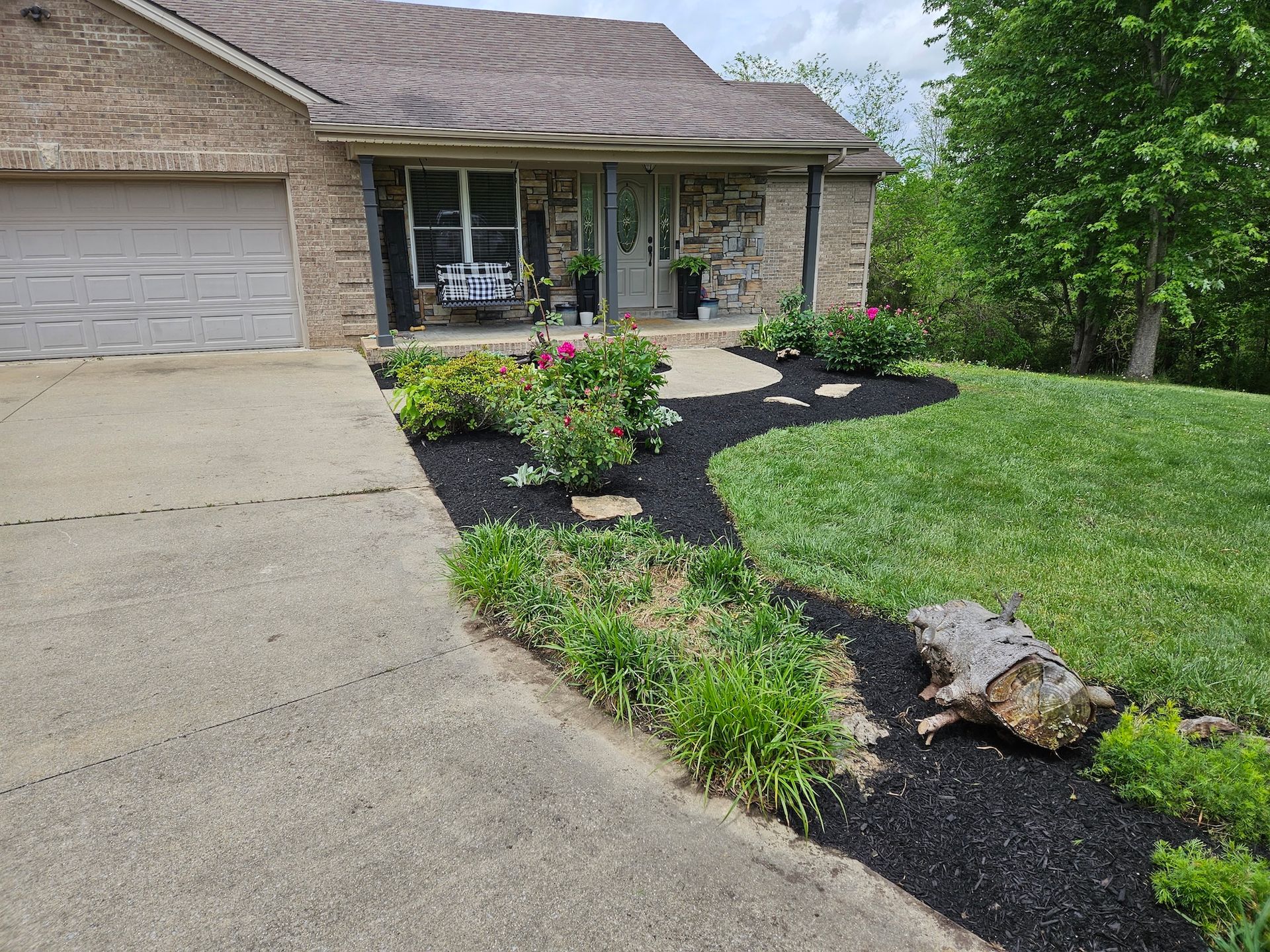 House with a landscaped yard, dark mulch, and a driveway.