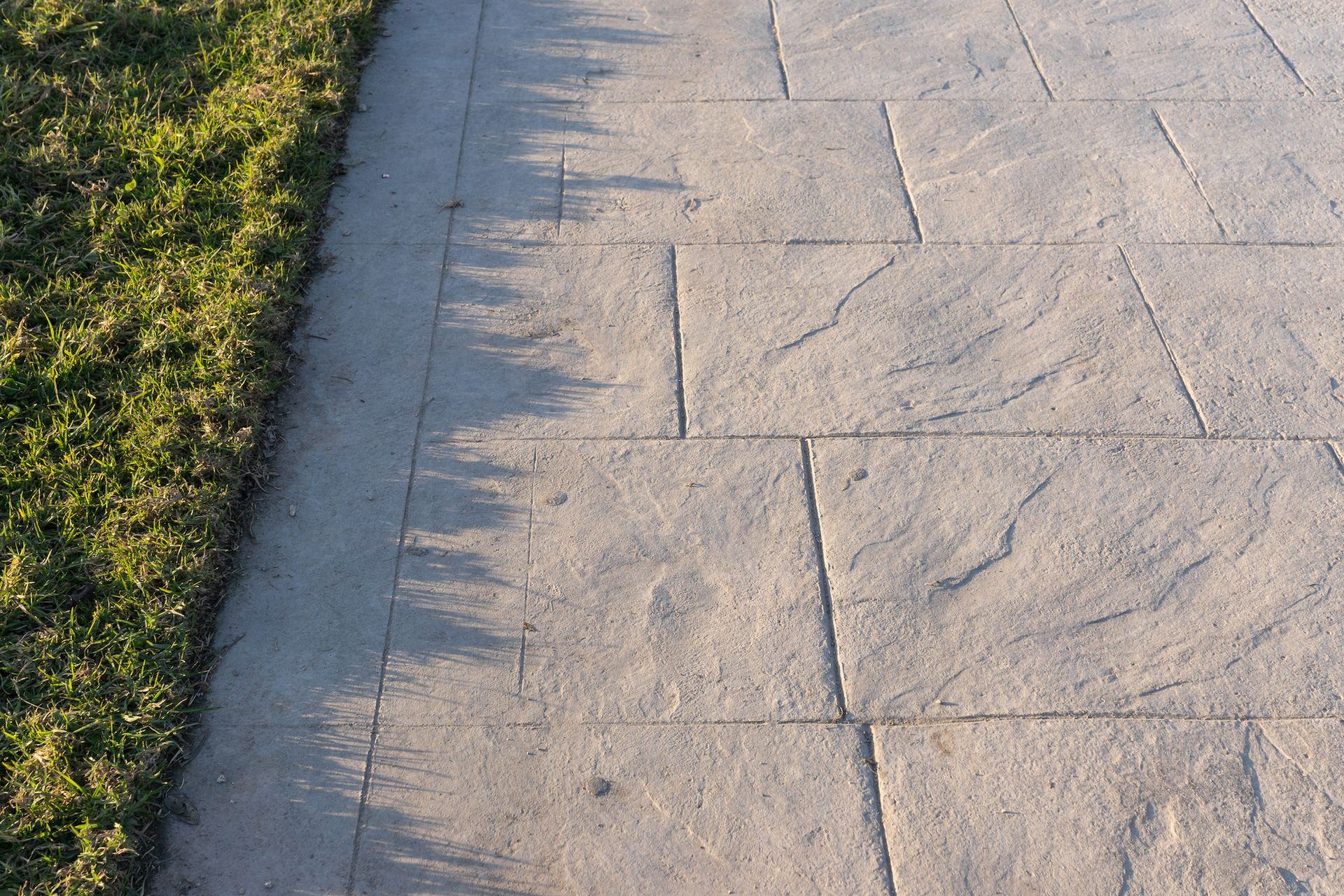 Concrete walkway next to green grass. Sunlight casts shadows from grass onto the path.