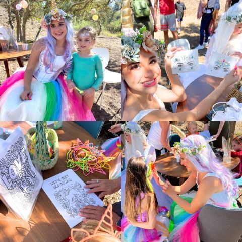 Rainbow Unicorn Princess at birthday party in san diego with live ride on rainbow unicorn
