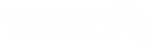 A.A. Co Farm, Lawn & Garden Center LLC logo text in white with a garden icon graphic in white