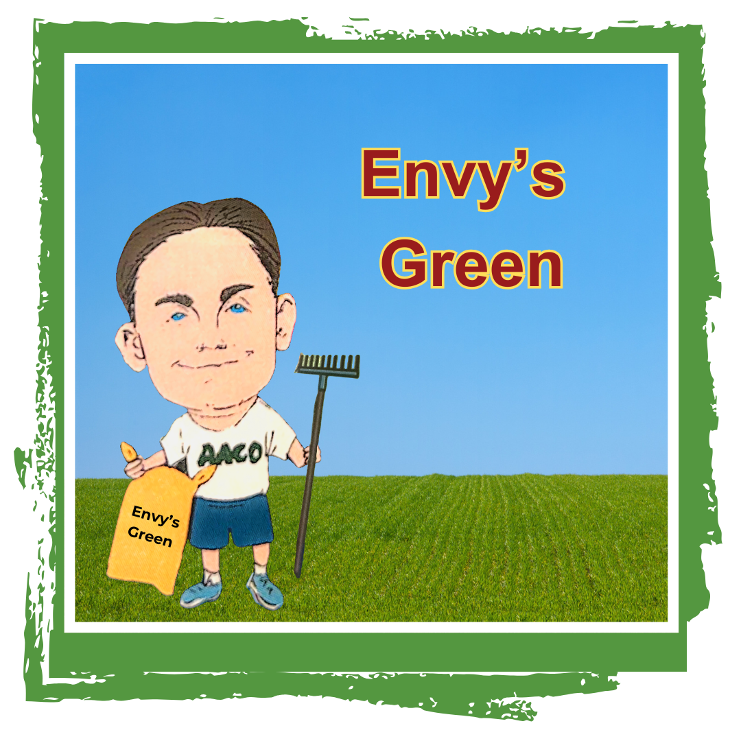 Owner cory caricature holding rake and grass seed with envy's green text