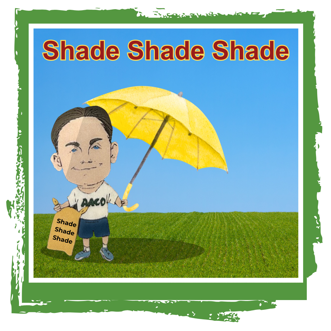 Owner cory caricature holding yellow umbrella and grass seed with shade shade shade text
