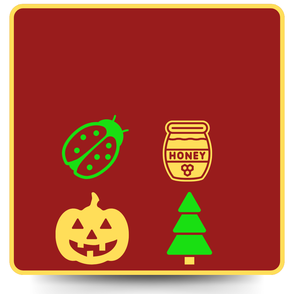 A red square with yellow border contains a green ladybug, honey pot, pumpkin, and Christmas tree icons.