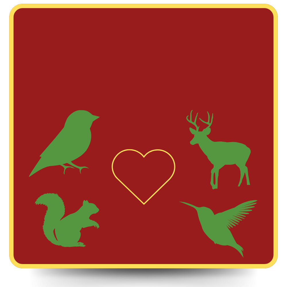 Green animal silhouettes of a bird, squirrel, deer, and hummingbird around a gold heart on a red background.