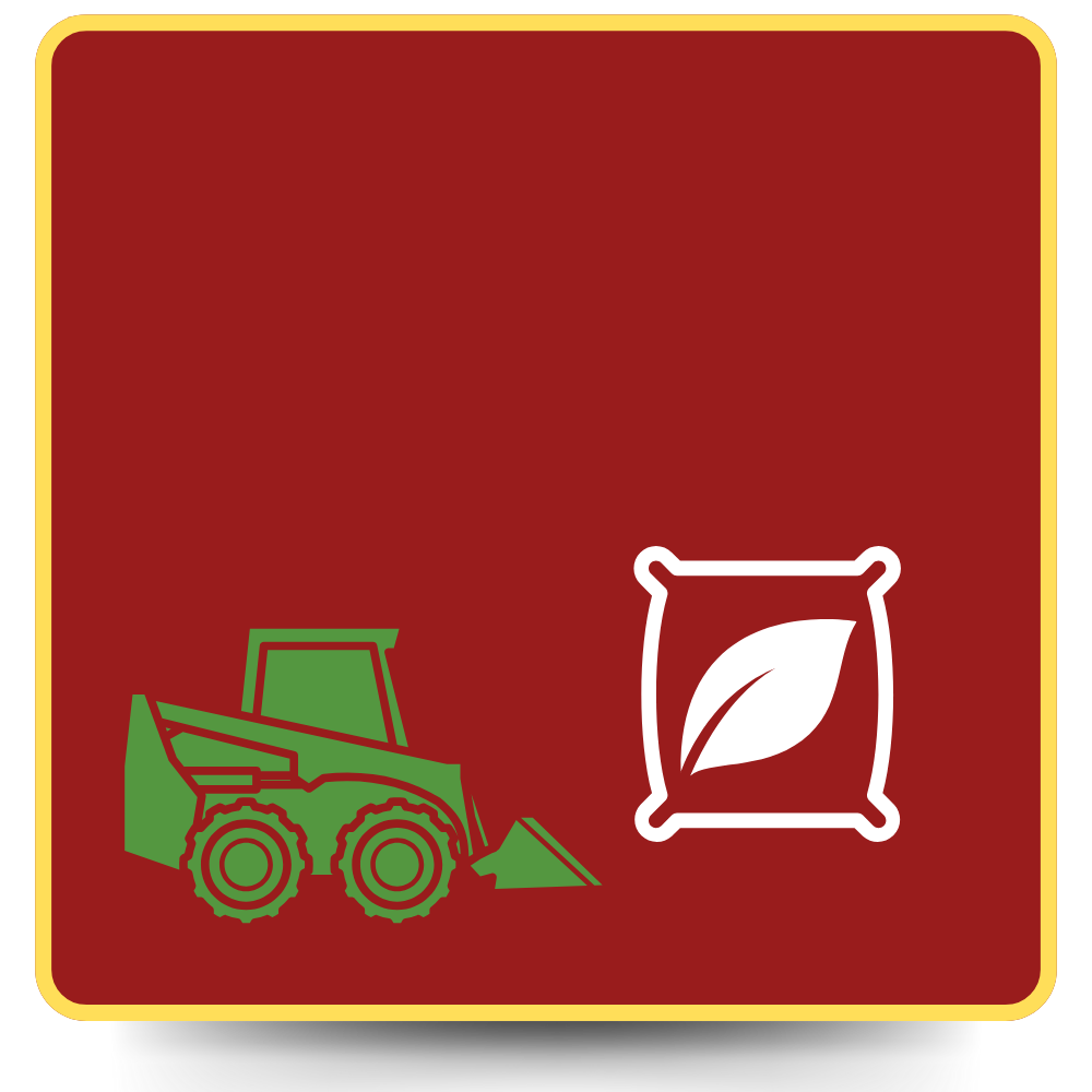 Green skid steer loader and a bag with a leaf icon on a maroon background.