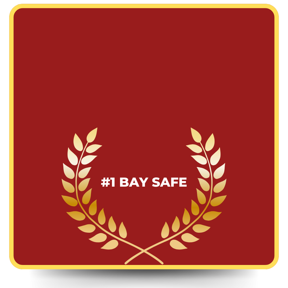 gold medal grown icon with #1 bay safe text in white in top of red background with yellow border