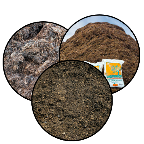 mixed images of topsoil, Leafgro and composted manure