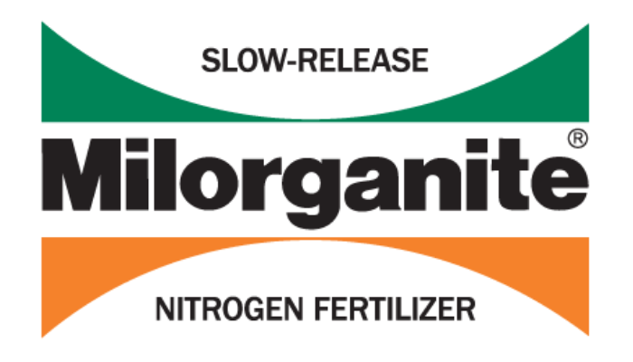 Milorganite fertilizer logo with green and orange arcs: 