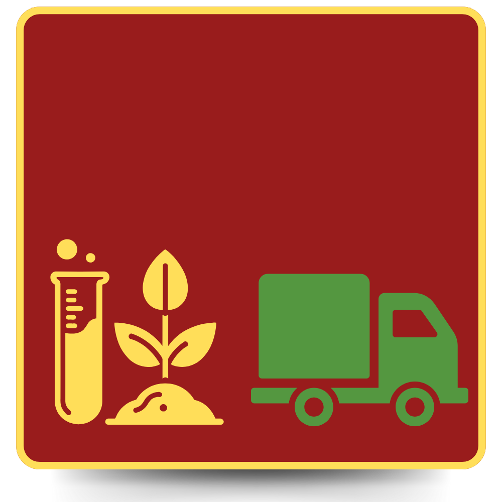 Laboratory flask, plant, and delivery truck icons, representing agricultural supply chain.