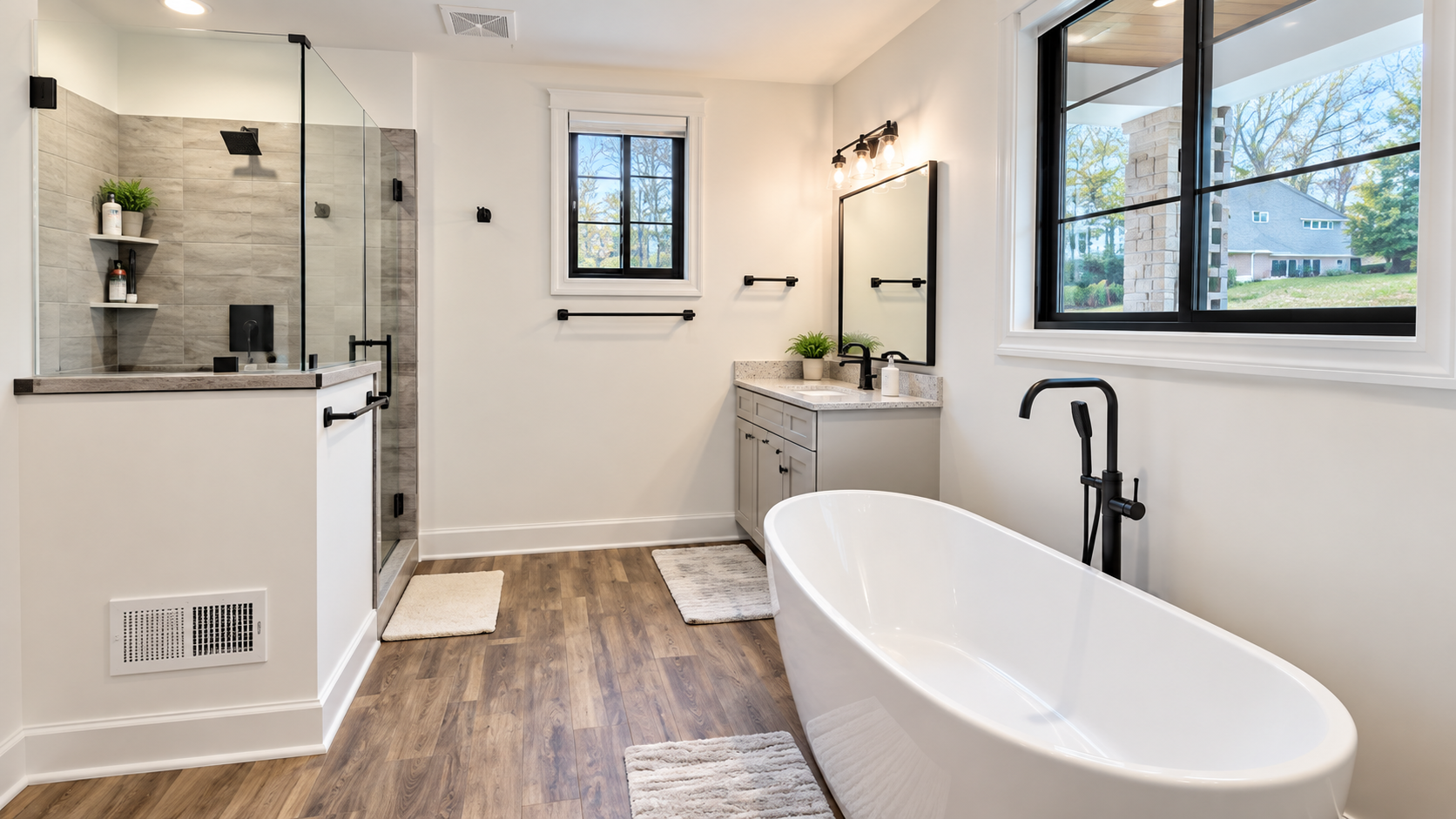 Modern bright bathroom with freestanding tub, walk-in shower, vanity, and large windows