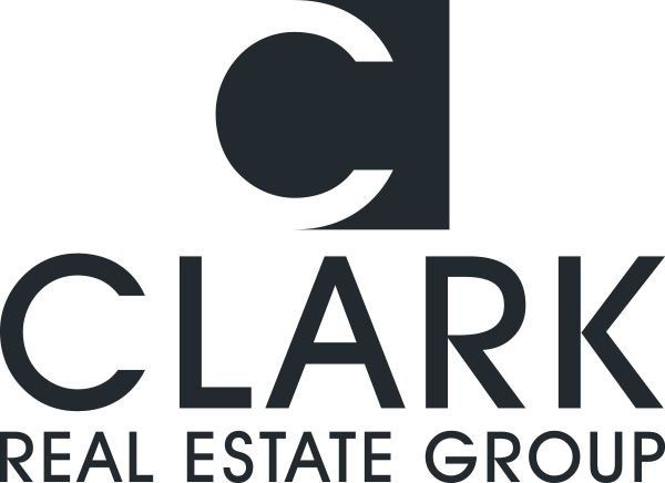 The clark real estate group logo is black and white.