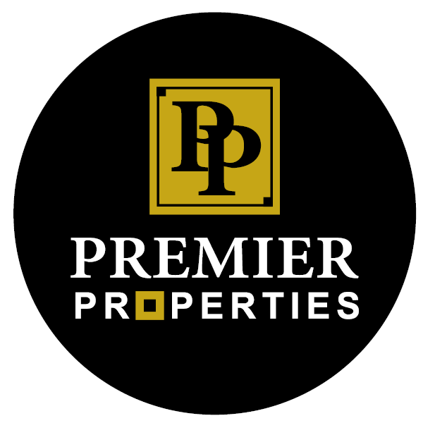 A black and gold logo for premier properties
