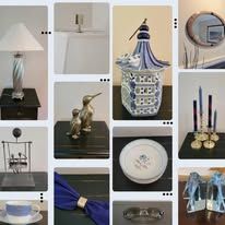 Collage of home decor: lamps, vases, figurines, candles, and tableware.