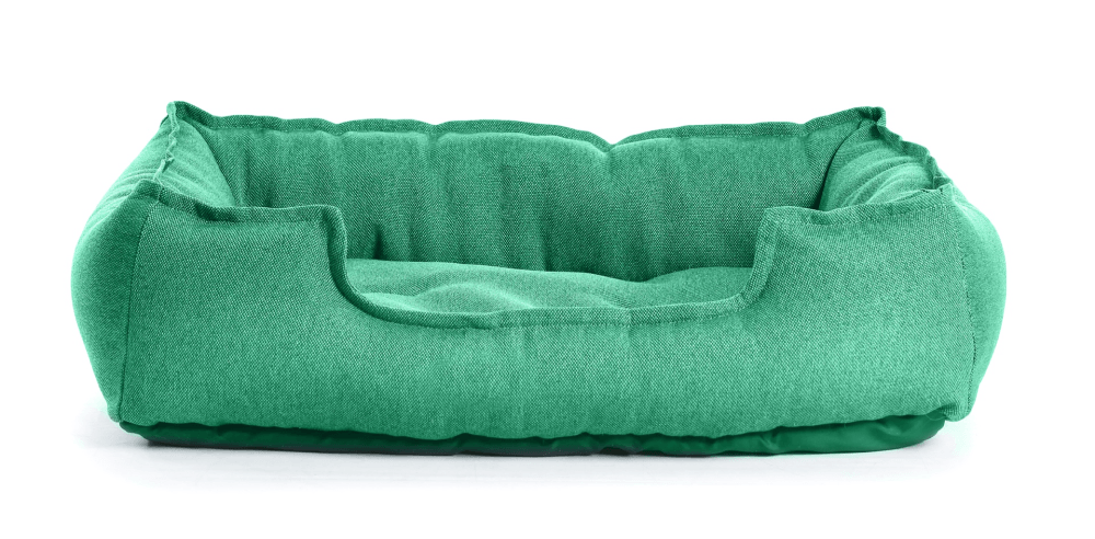 Green dog bed on a white background.