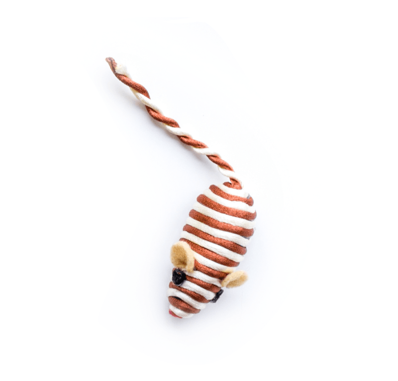 Striped toy mouse with brown and white stripes, brown ears, and a twisted tail.