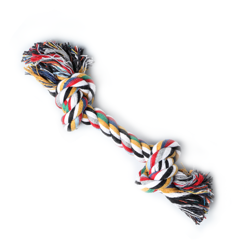 Dog rope toy, multicolored twisted cotton with knots at both ends.
