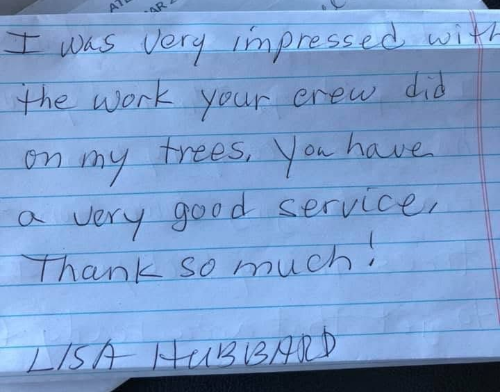 Note of appreciation for Jeff Mobley Tree Service